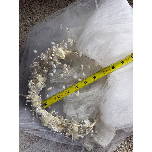 Vintage Bridal Wedding Veil Tiara Crown Headband Pearl floral 25" long - Picture 5 of 10